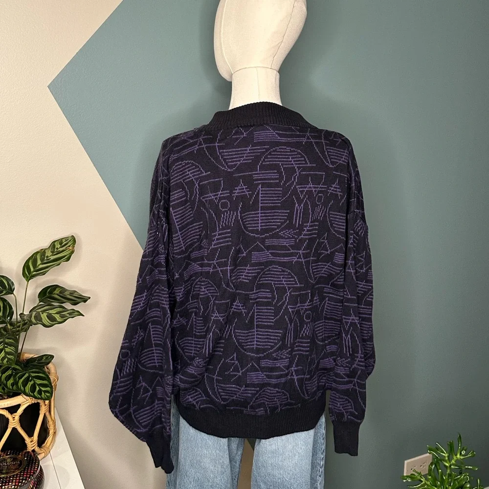 Vintage Mondo di Marco Geometric Sweater Purple Black Bold Knit L/52 Italy - Picture 5 of 9